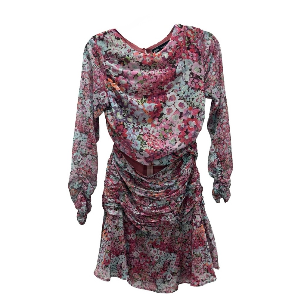 Zara Floral Print Pink Multicolor Long Sleeve Ruched Cut-Out Mini Dress (Small) - Picture 7 of 10